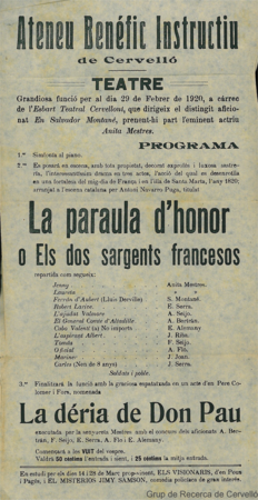 Ateneu Benéfic Instructiu de Cervelló : teatre : grandiosa funció per al dia 29 de febrer de 1920 ...