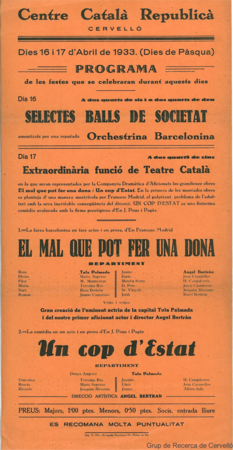 Centre Català Republicà, Cervelló : dies 16 i 17 d'abril de 1933 (dies de Pàsqua) : programa ...