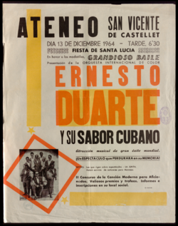 Fiesta de Santa Lucía en honor a las modistillas : grandioso baile presentación de la orquesta internacional de color Ernesto Duarte y su sabor cubano