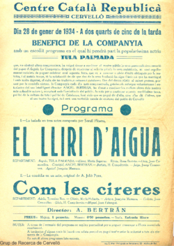 Centre Català Republicà, Cervelló : dia 28 de gener de 1934 ... : benefici de la companyia amb un escollit programa ...