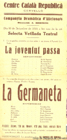 Centre Català Republicà, Cervelló ... : dia 10 de setembre de 1933 ... : selecta vetllada teatral ...