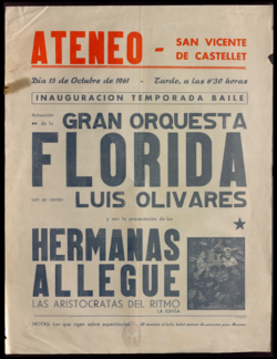 Inauguración temporada baile : actuación de la gran orquesta Florida con su cantor Luis Olivares