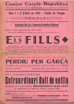 Centre Català Republicà, Cervelló : dies 1 i 2 d'abril de 1934, festes de Pasqua : programa dels festeigs que ha organitzat aquesta entitat ...