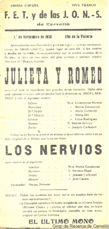 F.E.T. Y de las J.O.N.-S. De Cervelló : 1º de noviembre de 1939, año de la Victoria ... : Julieta y Romeo ...
