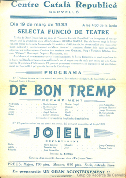 Centre Català Republicà, Cervelló : dia 19 de març de 1933 ... : selecta funció de teatre ...