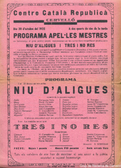 Centre Català Republicà, Cervelló : dia 20 d'octubre del 1935 ... : programa Apel·les Mestres ...