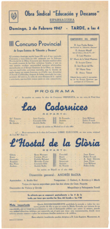 Obra sindical "Educación y descanso" : Esparraguera : domingo 2 de febrero de 1947 ...