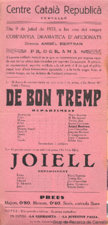 Centre Català Republicà, Cervelló : dia 9 de juliol de 1933 ... : programa d'aquesta vetllada teatral ...