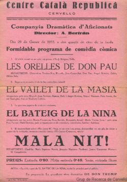 Centre Català Republicà, Cervelló ... : dia 29 de gener de 1933 ... : formidable programa de comèdia còmica ...