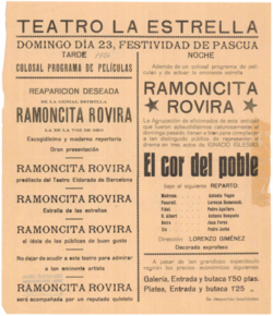 Teatro La Estrella : domingo dia 23 festividad de Pascua ... reaparición deseada de la genial estrella Ramoncita Rovira ...